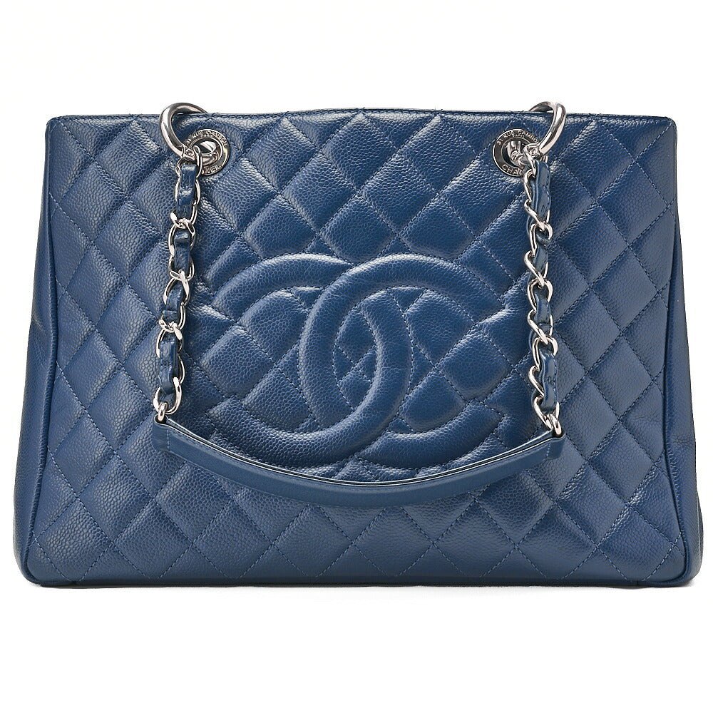 CHANEL Shoulder Bag Tote Bag  Matelasse Caviar Skin Cocomark GST Double Chain Tote Navy Silver-Tone Hardware, Pre-Owned