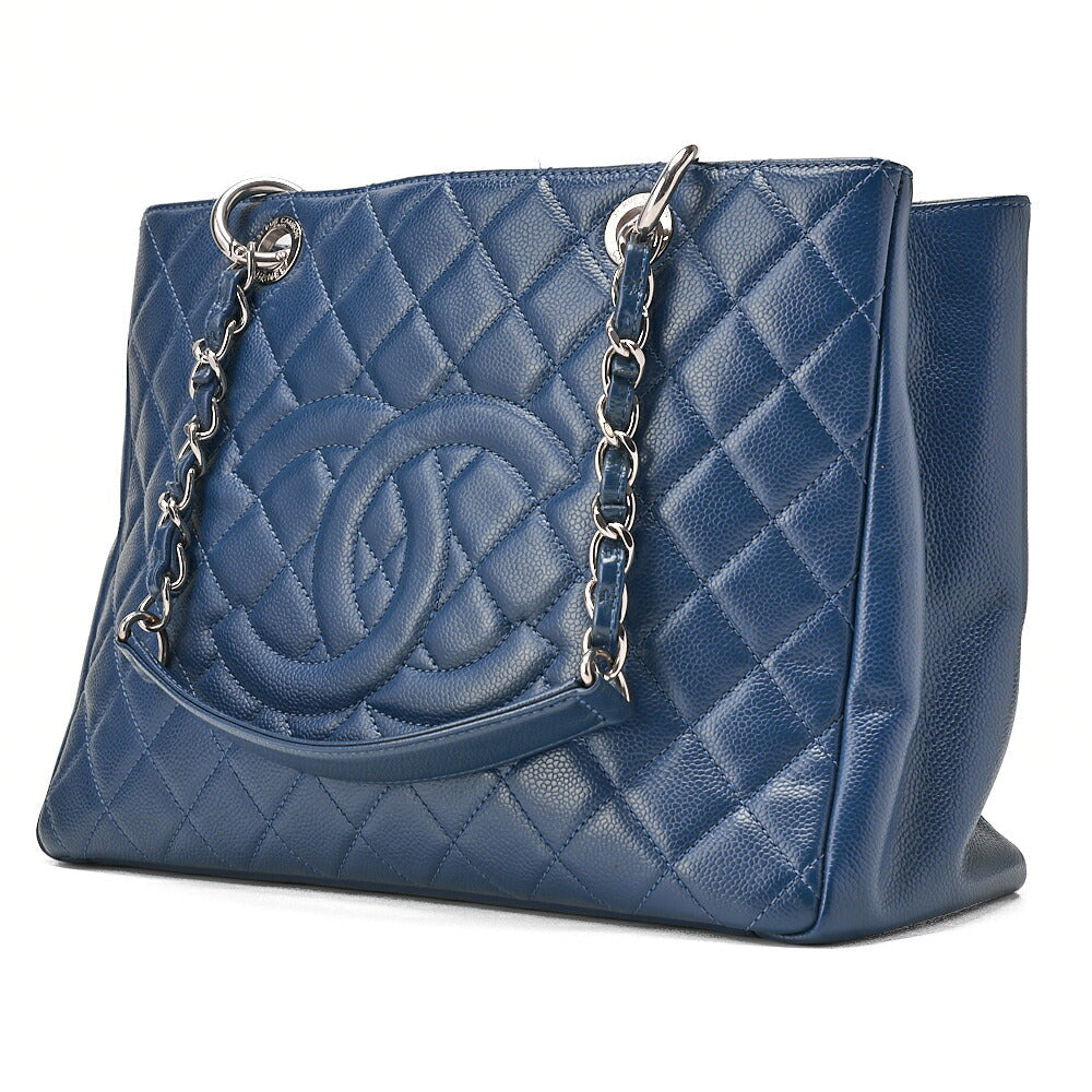 CHANEL Shoulder Bag Tote Bag  Matelasse Caviar Skin Cocomark GST Double Chain Tote Navy Silver-Tone Hardware, Pre-Owned