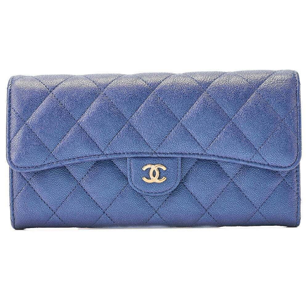 CHANEL Matelasse Bi-Fold Long Wallet Caviar Skin Blue Gold-Tone Hardware, Pre-Owned