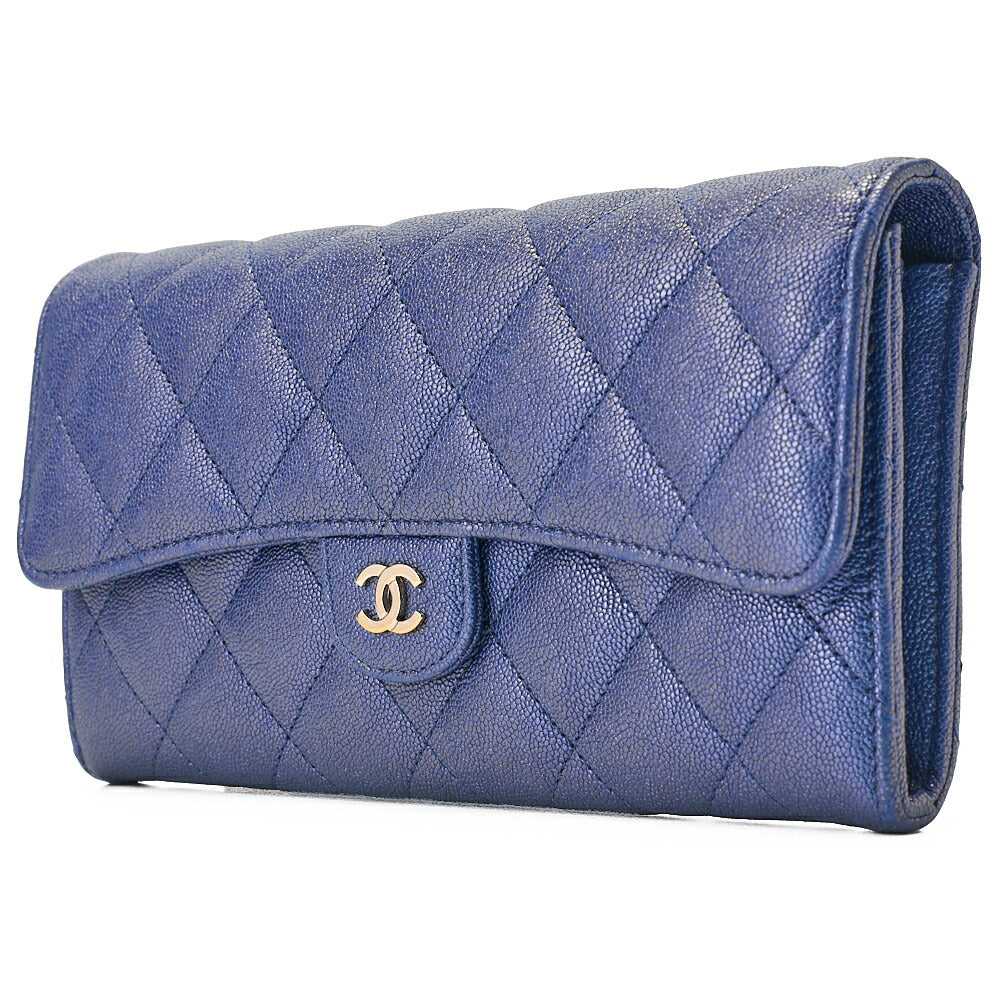 CHANEL Matelasse Bi-Fold Long Wallet Caviar Skin Blue Gold-Tone Hardware, Pre-Owned