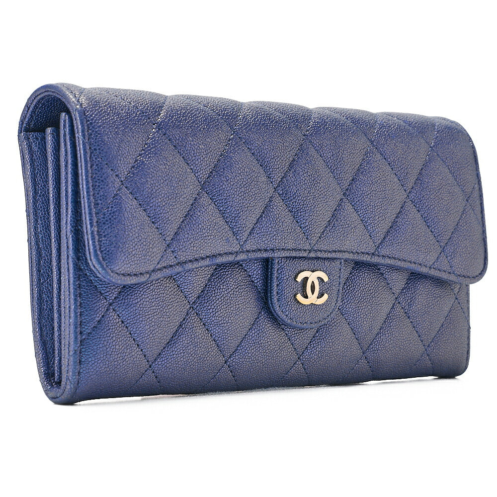 CHANEL Matelasse Bi-Fold Long Wallet Caviar Skin Blue Gold-Tone Hardware, Pre-Owned