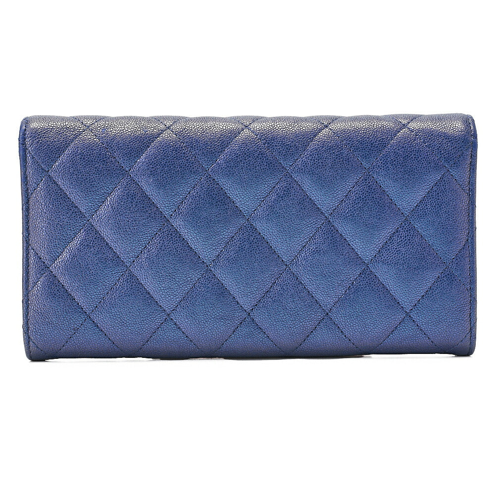 CHANEL Matelasse Bi-Fold Long Wallet Caviar Skin Blue Gold-Tone Hardware, Pre-Owned