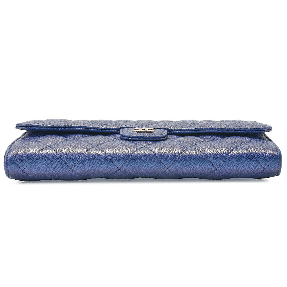 CHANEL Matelasse Bi-Fold Long Wallet Caviar Skin Blue Gold-Tone Hardware, Pre-Owned