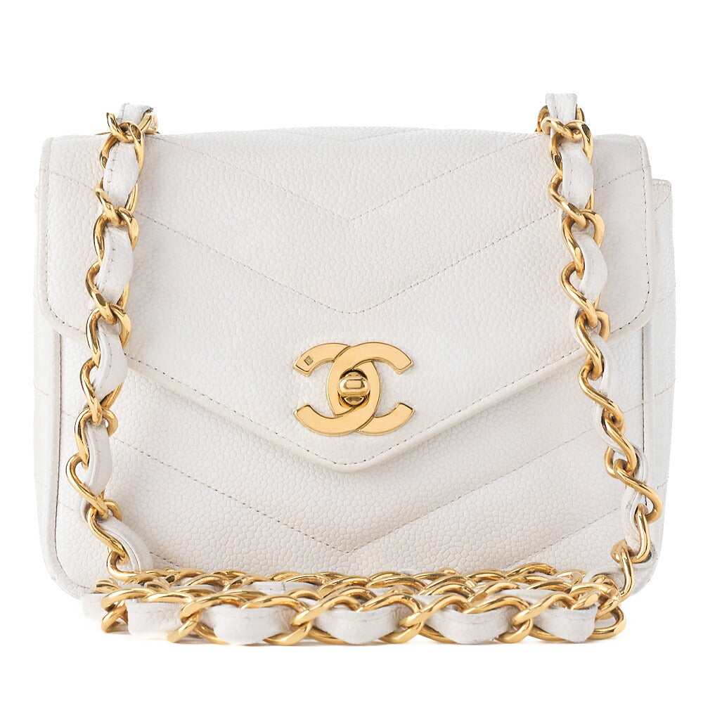 CHANEL Chain Shoulder Bag Mini Matelasse Caviar Skin Chevron White Gold-Tone Hardware, Pre-Owned