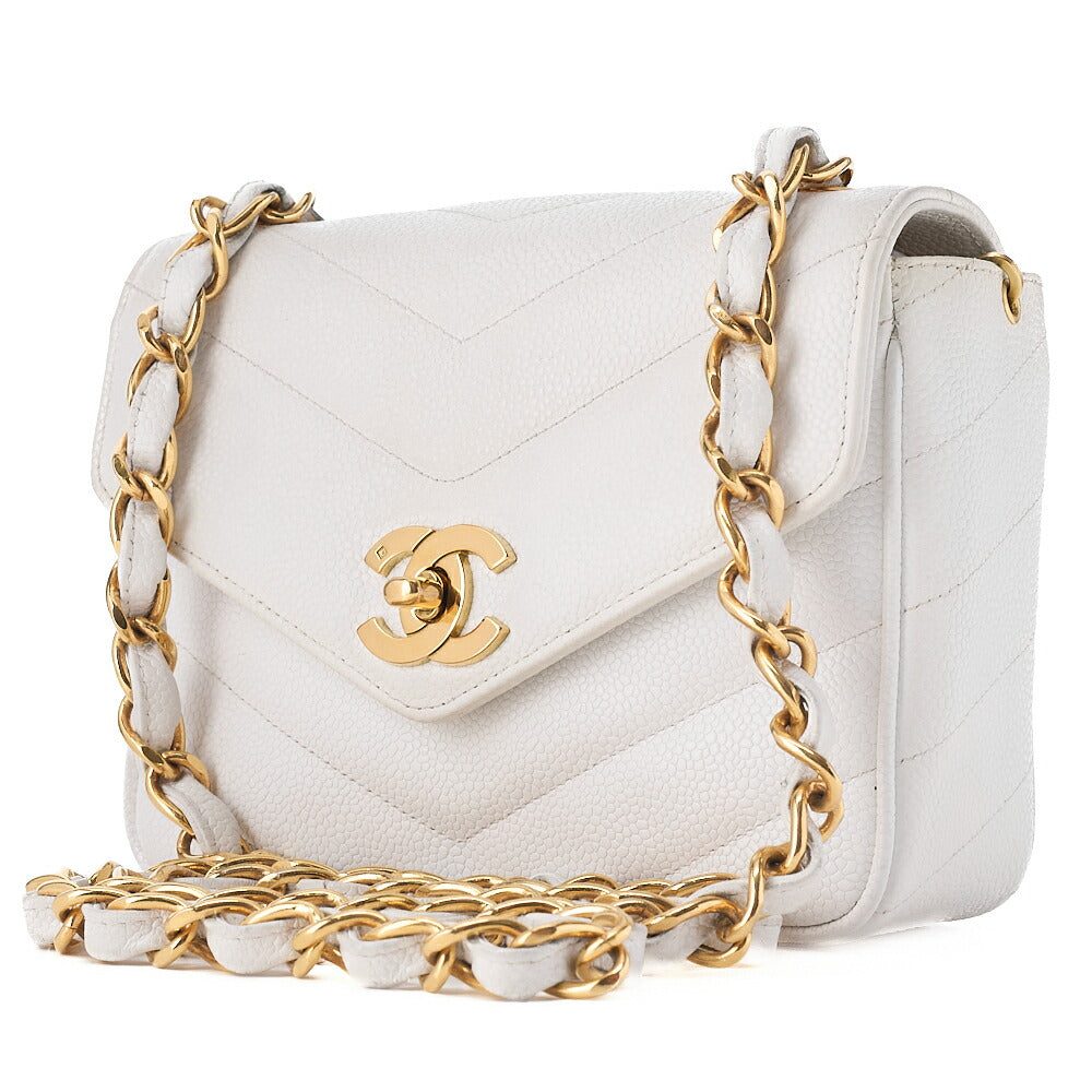 CHANEL Chain Shoulder Bag Mini Matelasse Caviar Skin Chevron White Gold-Tone Hardware, Pre-Owned