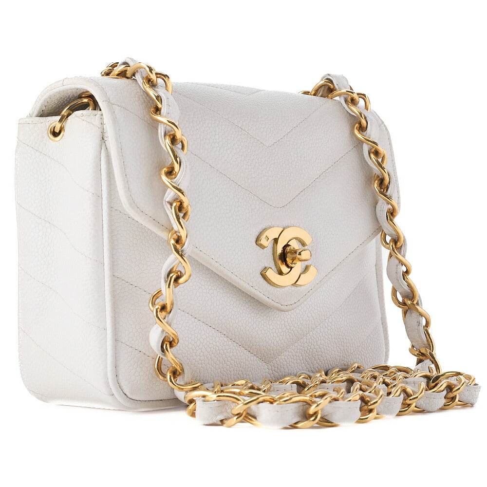 CHANEL Chain Shoulder Bag Mini Matelasse Caviar Skin Chevron White Gold-Tone Hardware, Pre-Owned