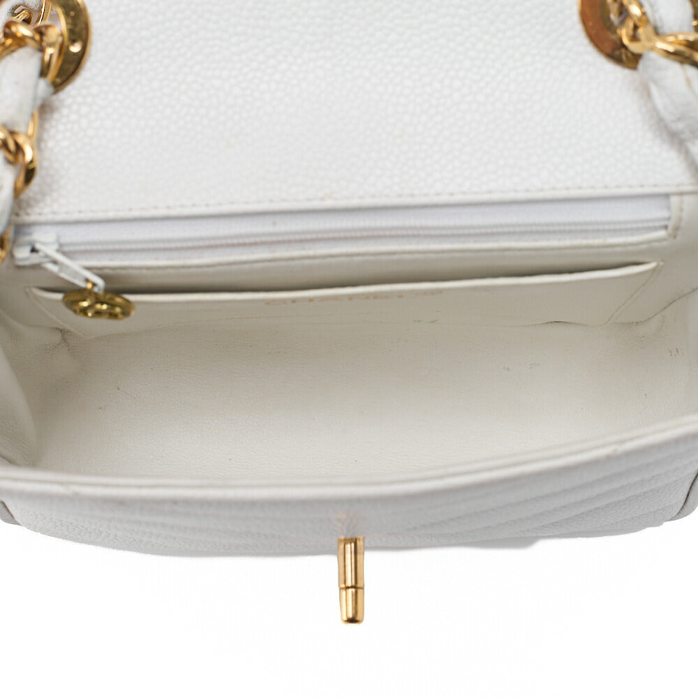 CHANEL Chain Shoulder Bag Mini Matelasse Caviar Skin Chevron White Gold-Tone Hardware, Pre-Owned