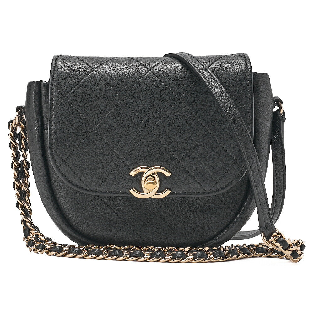 CHANEL Lambskin Mini Matelasse Round Chain Shoulder Black Gold-Tone Hardware, Pre-Owned