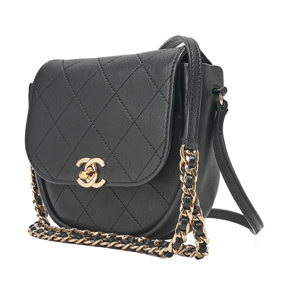 CHANEL Lambskin Mini Matelasse Round Chain Shoulder Black Gold-Tone Hardware, Pre-Owned