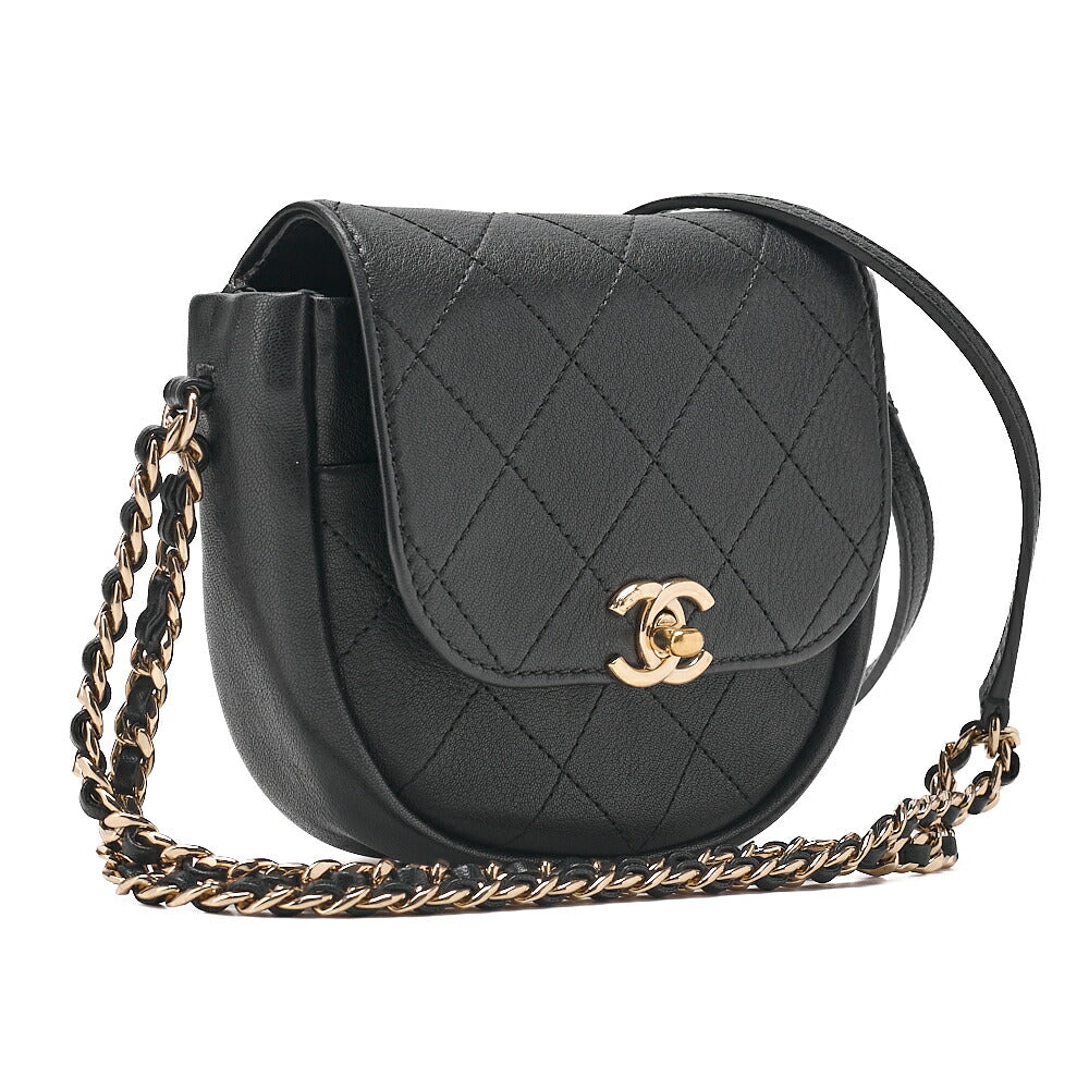 CHANEL Lambskin Mini Matelasse Round Chain Shoulder Black Gold-Tone Hardware, Pre-Owned