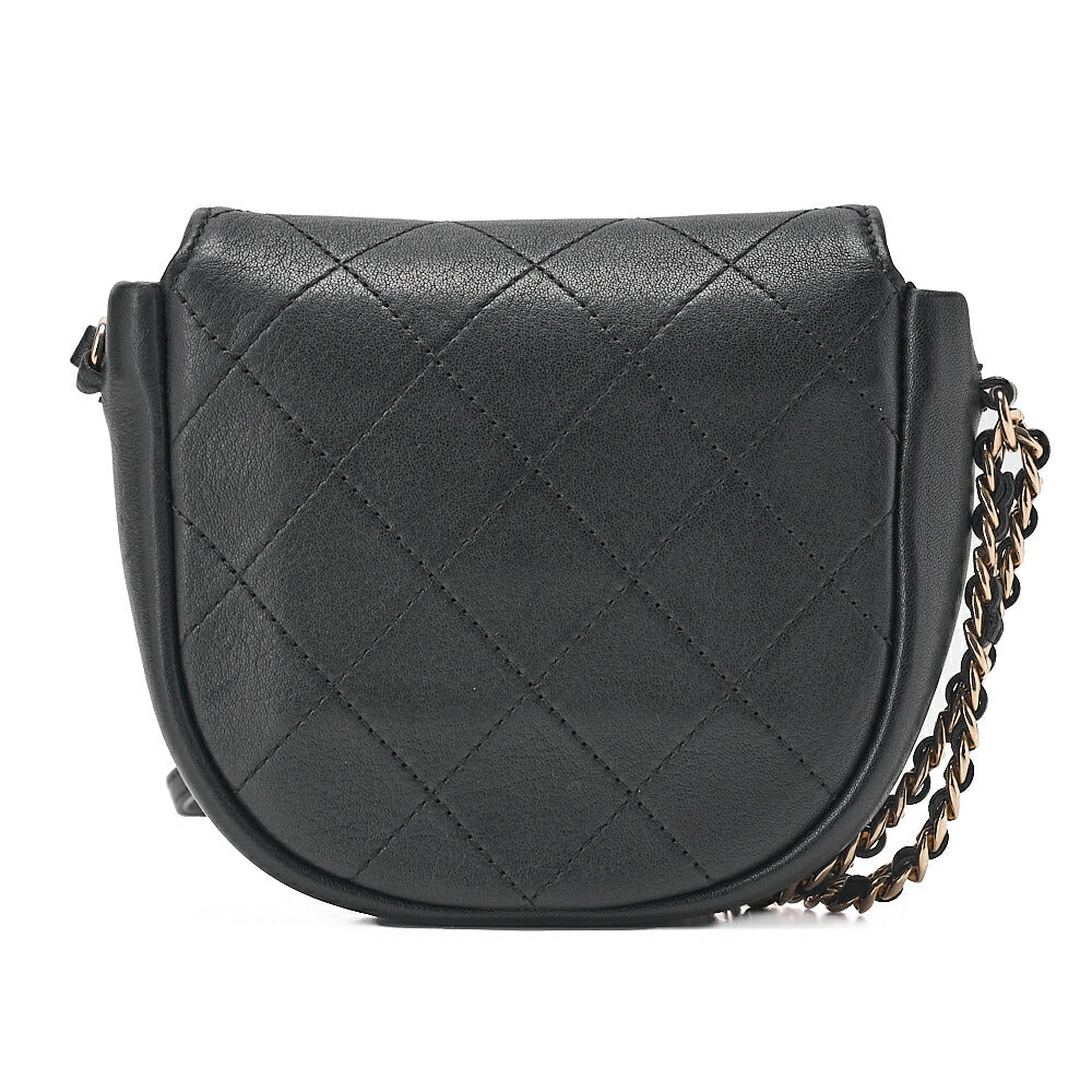 CHANEL Lambskin Mini Matelasse Round Chain Shoulder Black Gold-Tone Hardware, Pre-Owned