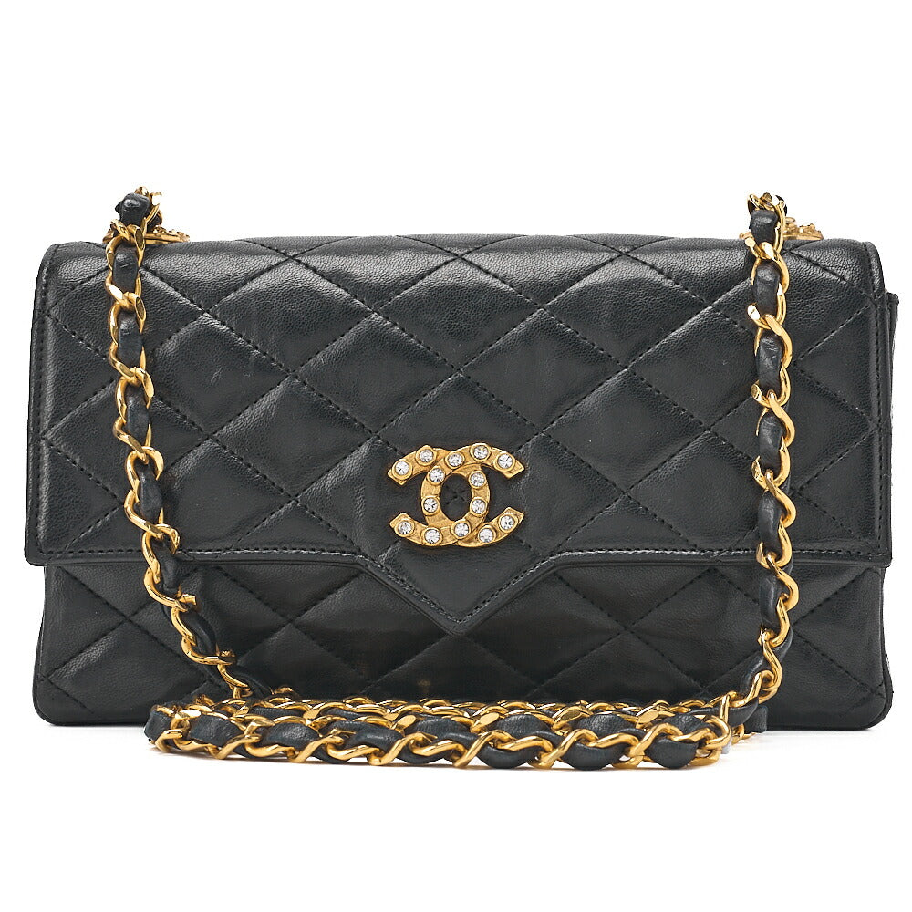 CHANEL Chain Shoulder Bag Matelasse Lambskin Rhinestone Push Lock Black Gold-Tone Hardware, Pre-Owned