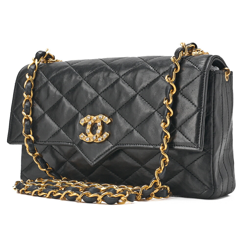 CHANEL Chain Shoulder Bag Matelasse Lambskin Rhinestone Push Lock Black Gold-Tone Hardware, Pre-Owned