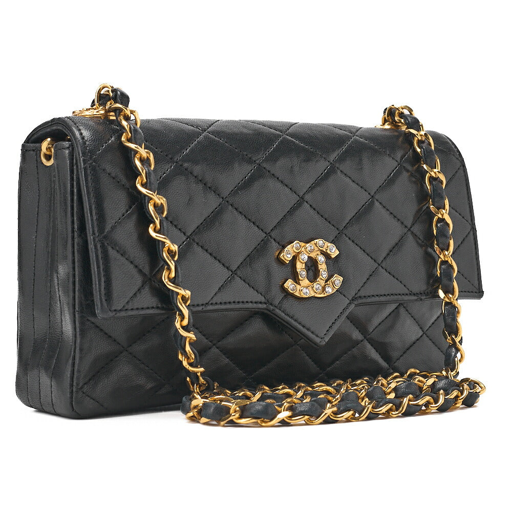CHANEL Chain Shoulder Bag Matelasse Lambskin Rhinestone Push Lock Black Gold-Tone Hardware, Pre-Owned