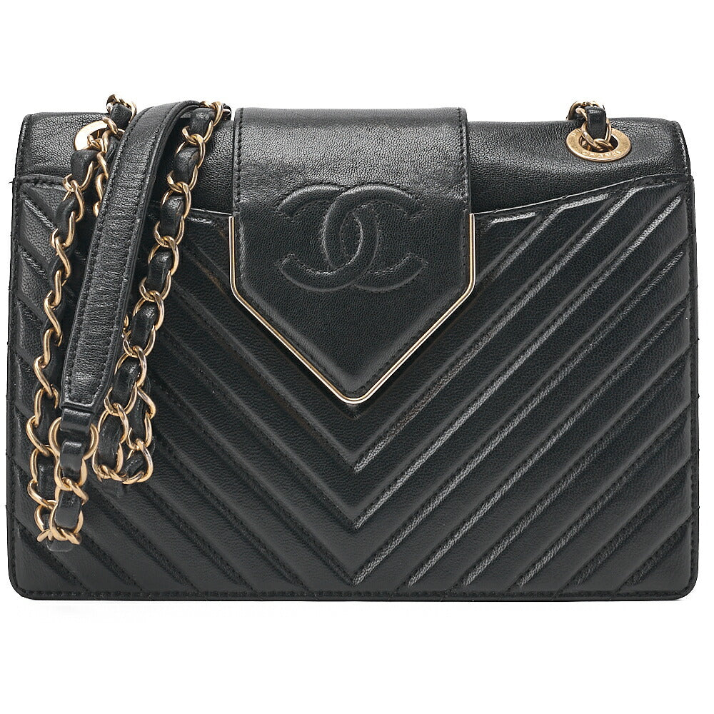 CHANEL Lambskin Chevron Full Flap Chain Shoulder Black Gold-Tone Hardware, Pre-Owned
