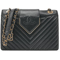 CHANEL Lambskin Chevron Full Flap Chain Shoulder Black Gold-Tone Hardware, Pre-Owned
