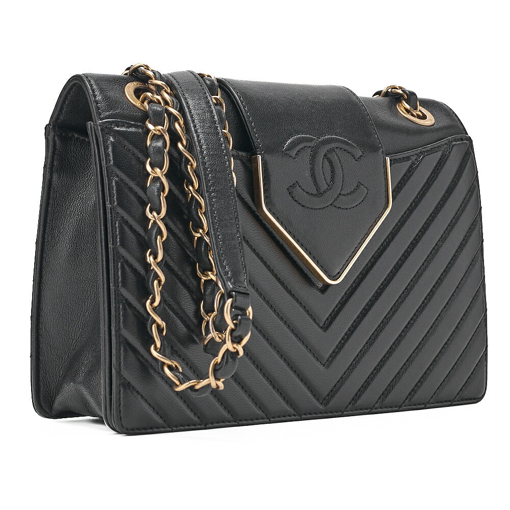 CHANEL Lambskin Chevron Full Flap Chain Shoulder Black Gold-Tone Hardware, Pre-Owned