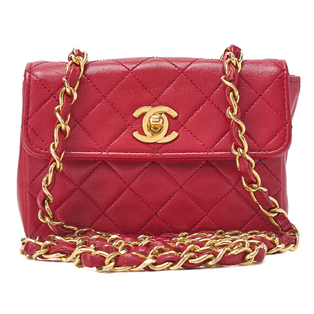 CHANEL Chain Shoulder Bag Mini Mini Matelasse Lambskin Red Single Flap Gold-Tone Hardware, Pre-Owned