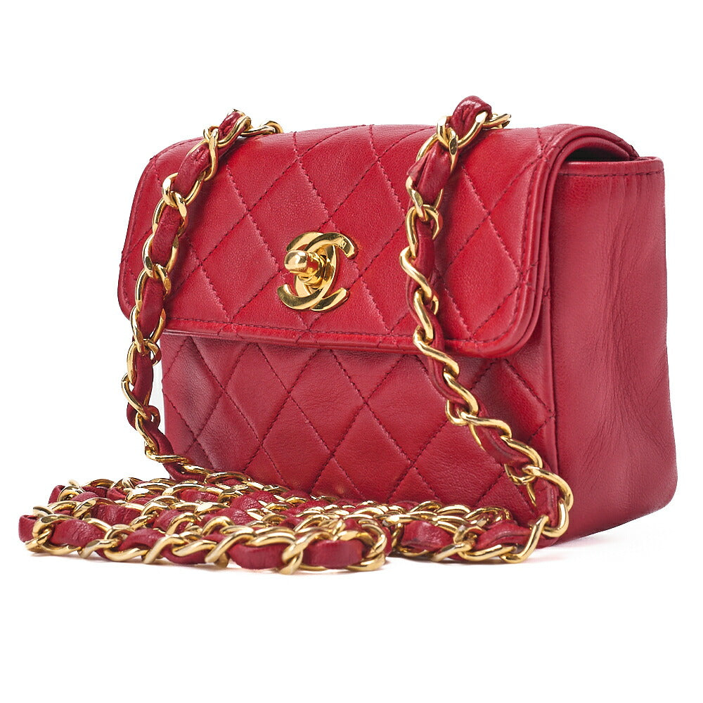 CHANEL Chain Shoulder Bag Mini Mini Matelasse Lambskin Red Single Flap Gold-Tone Hardware, Pre-Owned
