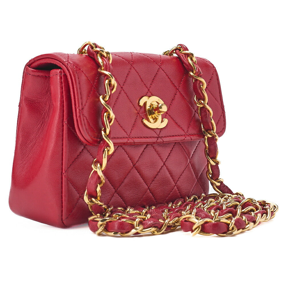 CHANEL Chain Shoulder Bag Mini Mini Matelasse Lambskin Red Single Flap Gold-Tone Hardware, Pre-Owned