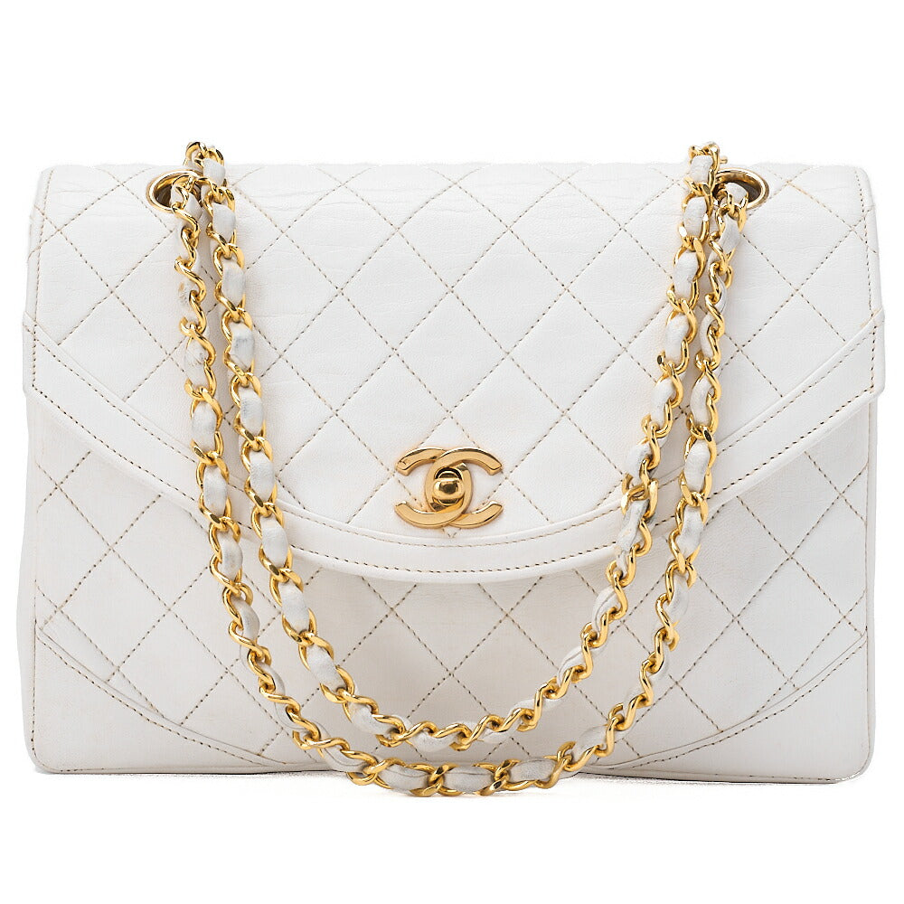 CHANEL Lambskin Matelasse Round Design Flap Chain Shoulder White Gold-Tone Hardware, Pre-Owned