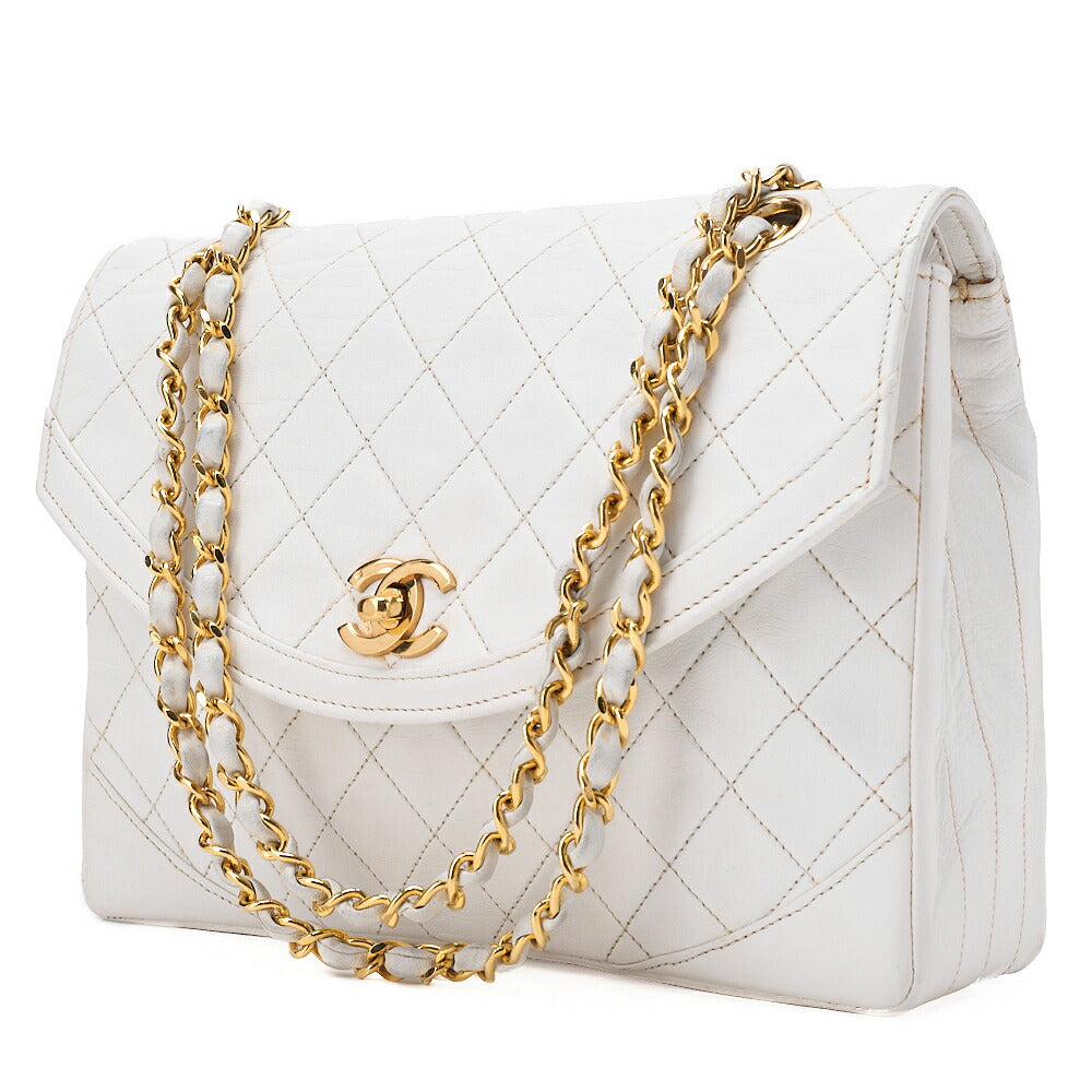CHANEL Lambskin Matelasse Round Design Flap Chain Shoulder White Gold-Tone Hardware, Pre-Owned