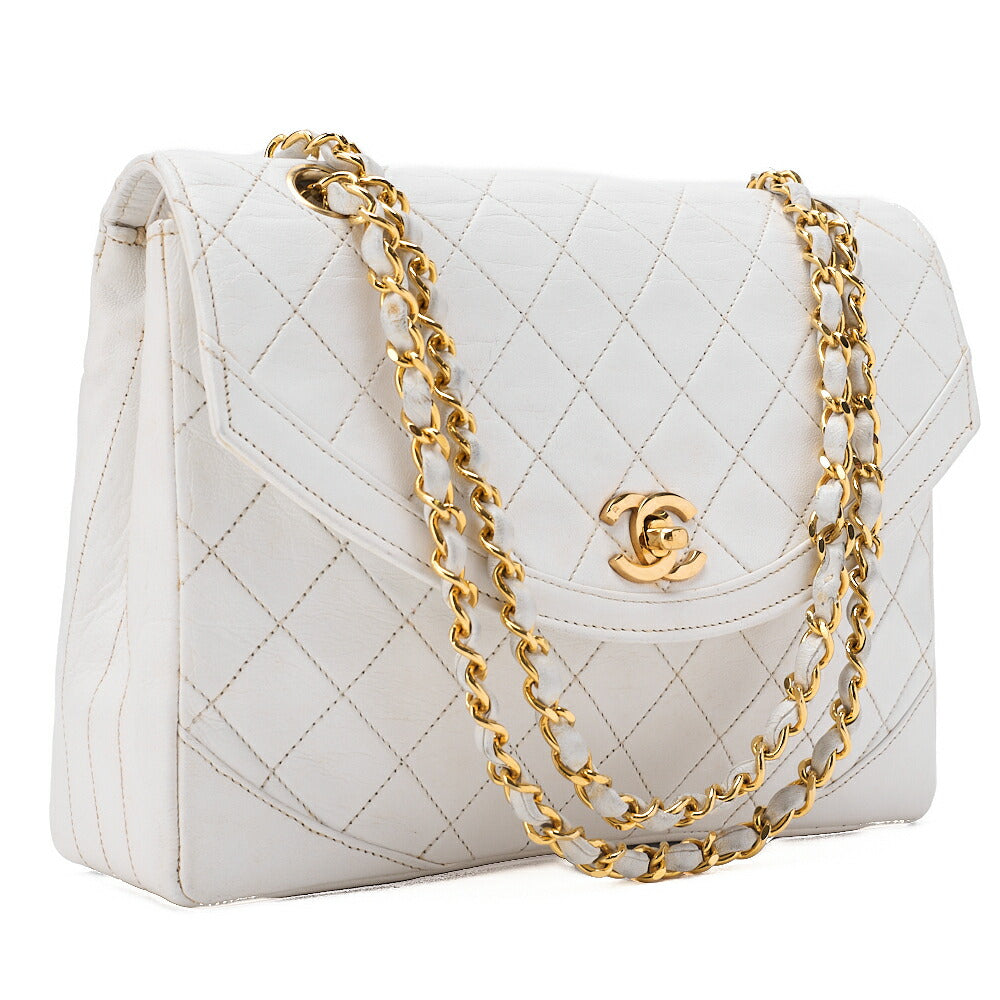 CHANEL Lambskin Matelasse Round Design Flap Chain Shoulder White Gold-Tone Hardware, Pre-Owned