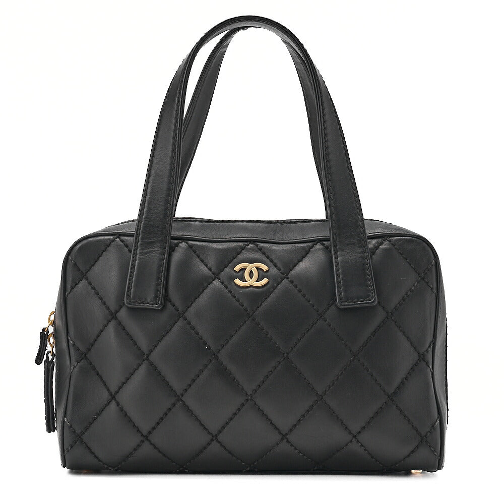CHANEL Coco Mark Wild Stitch Handbag Calfskin Black Gold-Tone Hardware, Pre-Owned