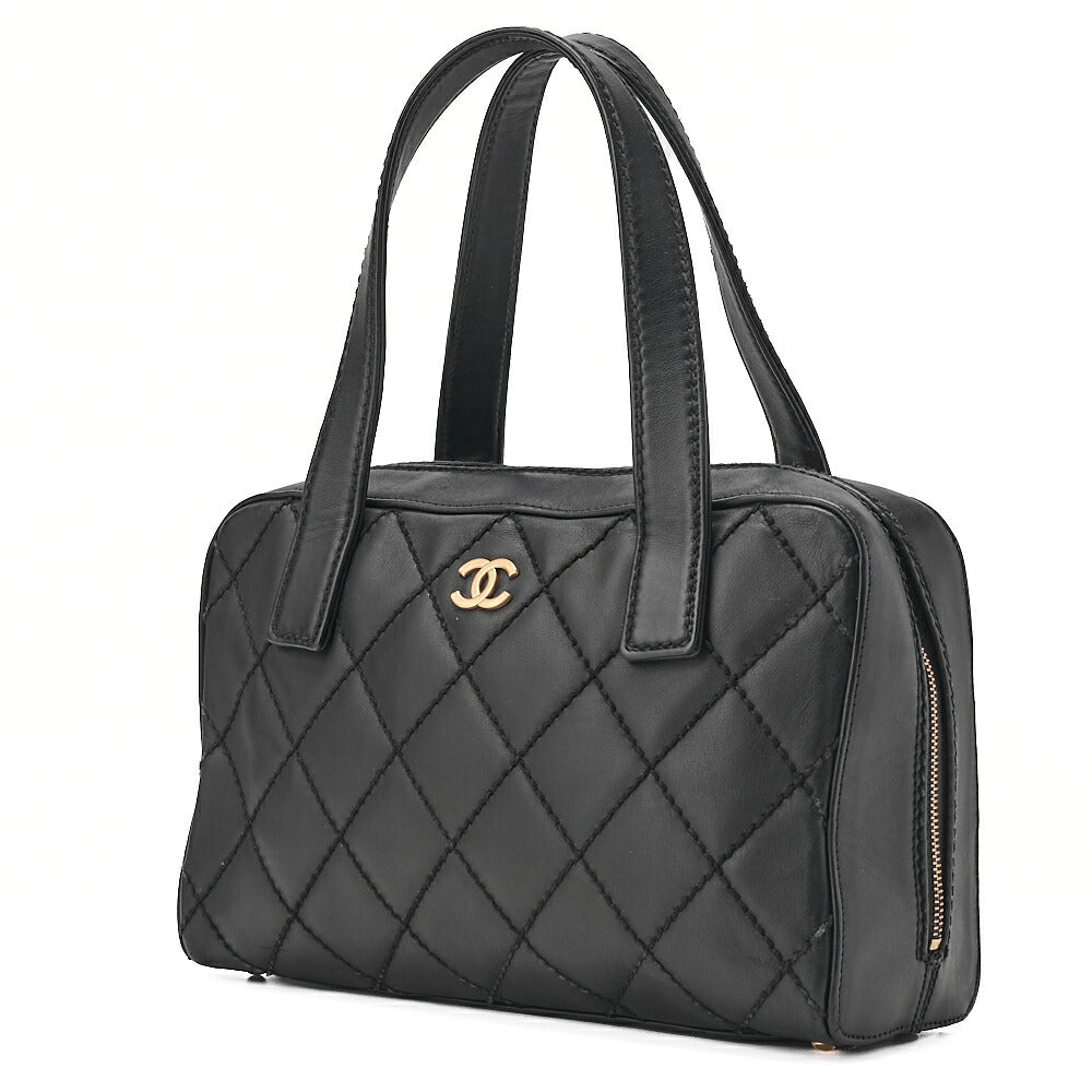 CHANEL Coco Mark Wild Stitch Handbag Calfskin Black Gold-Tone Hardware, Pre-Owned