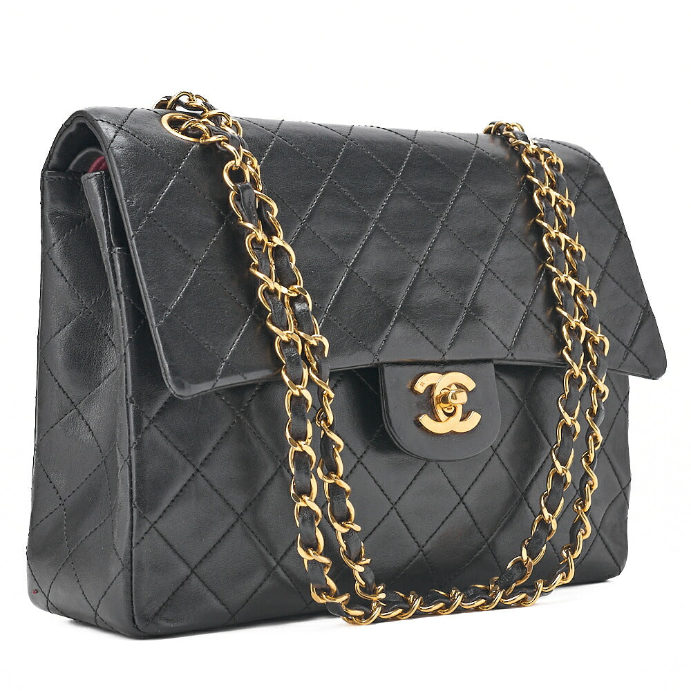 CHANEL Lambskin Matelasse Double Flap 25cm Square Chain Shoulder Black Gold-Tone Hardware, Pre-Owned