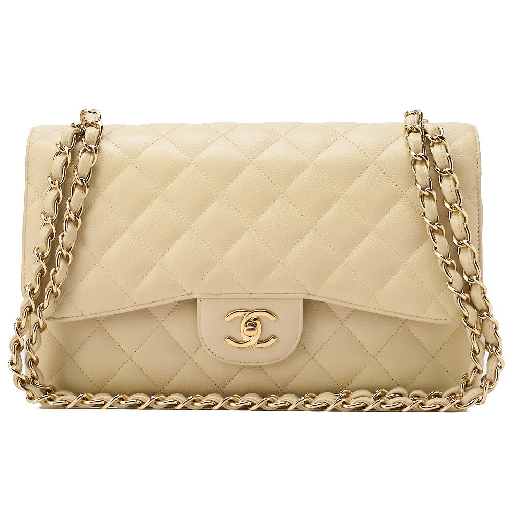 CHANEL Caviar Skin Deca Matelasse 30cm Double Flap Chain Shoulder Bag Beige Gold-Tone Hardware, Pre-Owned
