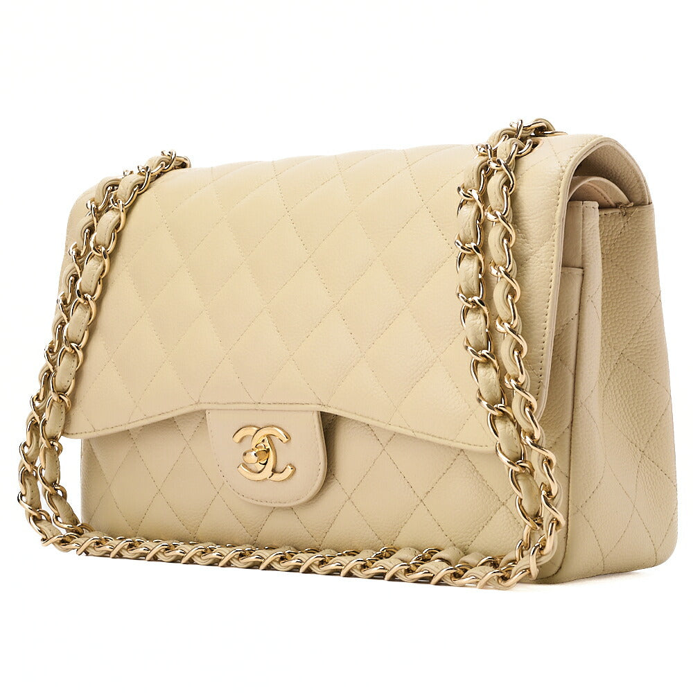 CHANEL Caviar Skin Deca Matelasse 30cm Double Flap Chain Shoulder Bag Beige Gold-Tone Hardware, Pre-Owned