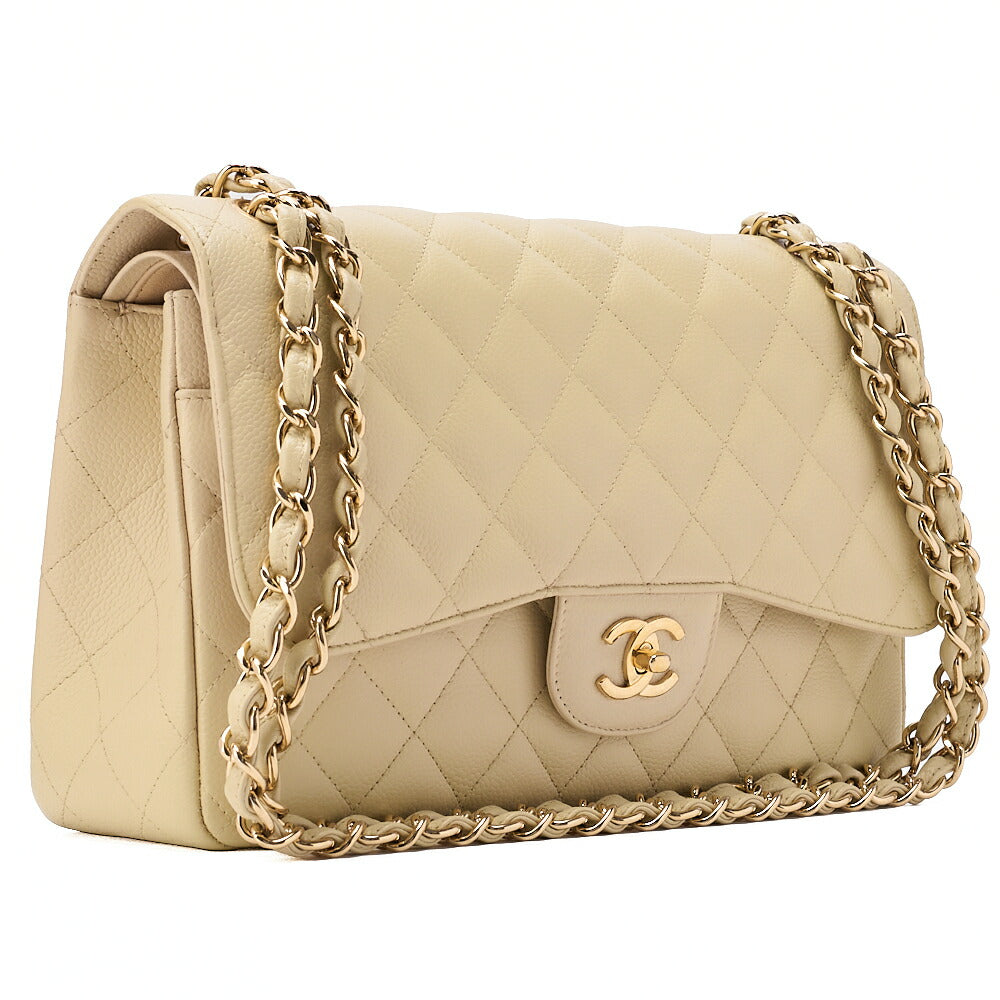 CHANEL Caviar Skin Deca Matelasse 30cm Double Flap Chain Shoulder Bag Beige Gold-Tone Hardware, Pre-Owned