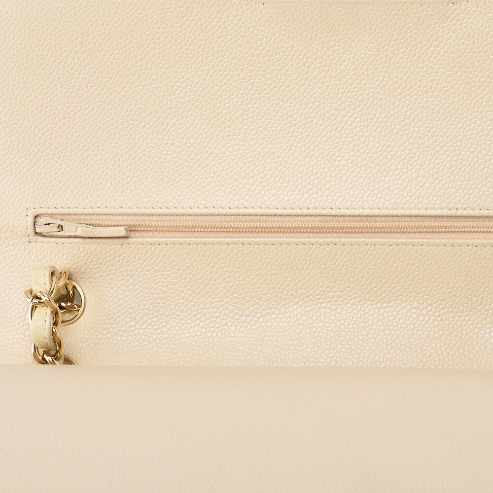 CHANEL Caviar Skin Deca Matelasse 30cm Double Flap Chain Shoulder Bag Beige Gold-Tone Hardware, Pre-Owned