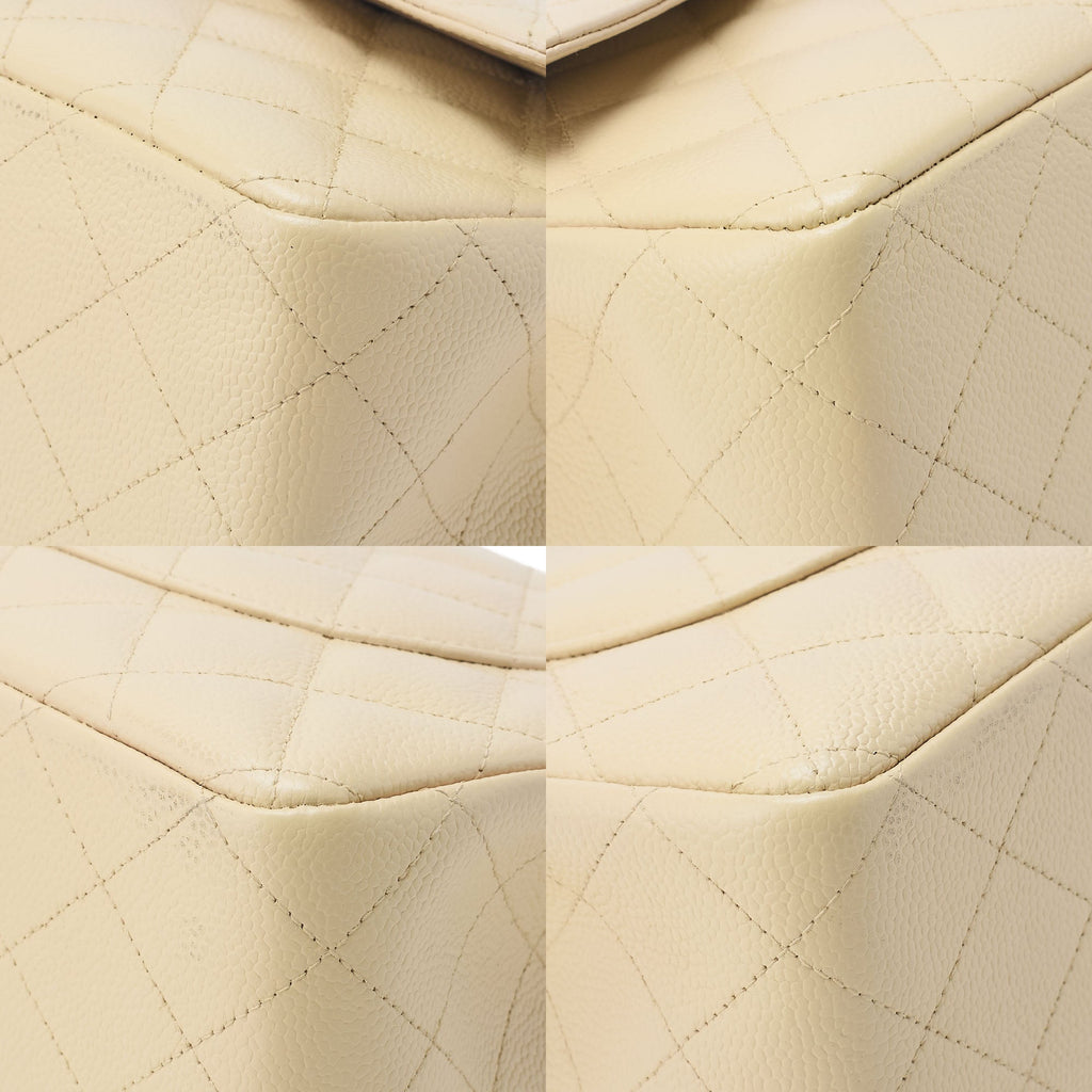 CHANEL Caviar Skin Deca Matelasse 30cm Double Flap Chain Shoulder Bag Beige Gold-Tone Hardware, Pre-Owned