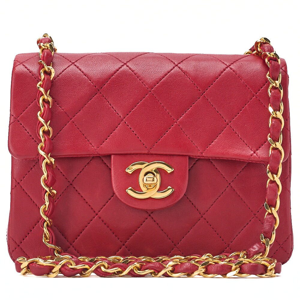 CHANEL Chain Shoulder Bag Mini Matelasse Lambskin Red Gold-Tone Hardware, Pre-Owned