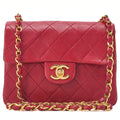 CHANEL Chain Shoulder Bag Mini Matelasse Lambskin Red Gold-Tone Hardware, Pre-Owned
