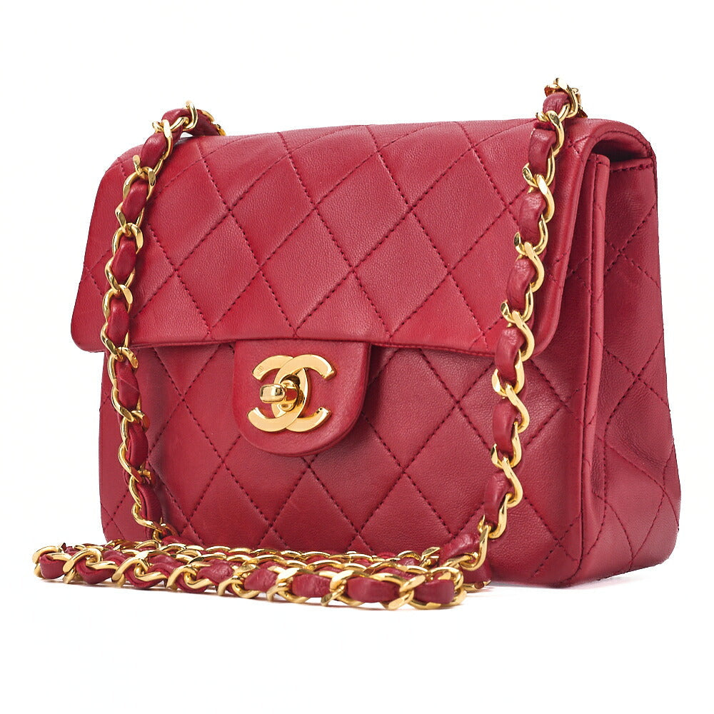 CHANEL Chain Shoulder Bag Mini Matelasse Lambskin Red Gold-Tone Hardware, Pre-Owned