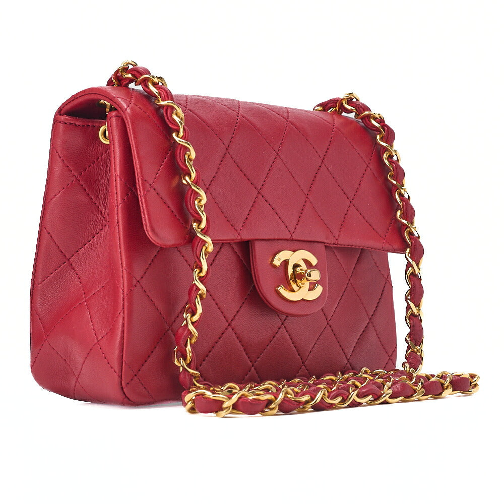 CHANEL Chain Shoulder Bag Mini Matelasse Lambskin Red Gold-Tone Hardware, Pre-Owned