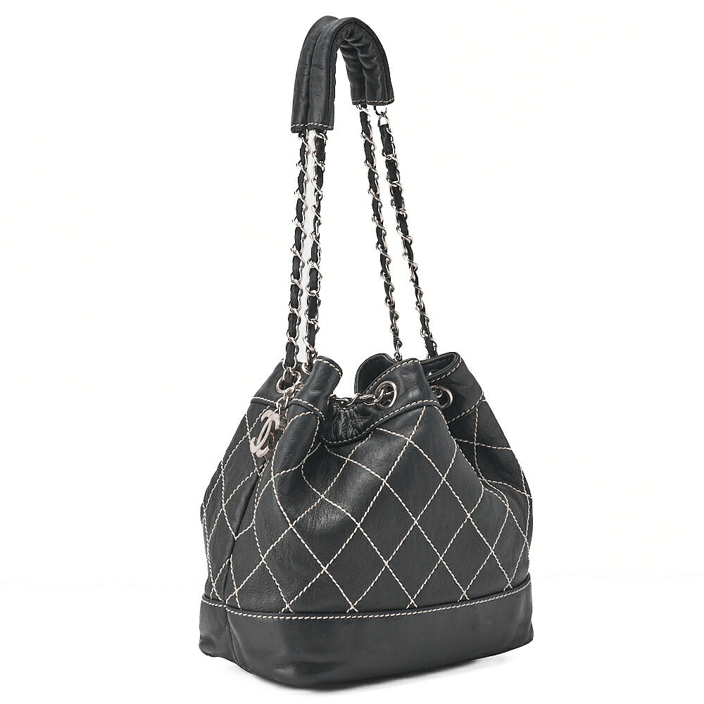 CHANEL Lambskin Wild Stitch Coco Charm Drawstring Chain Shoulder Black Silver-Tone Hardware, Pre-Owned