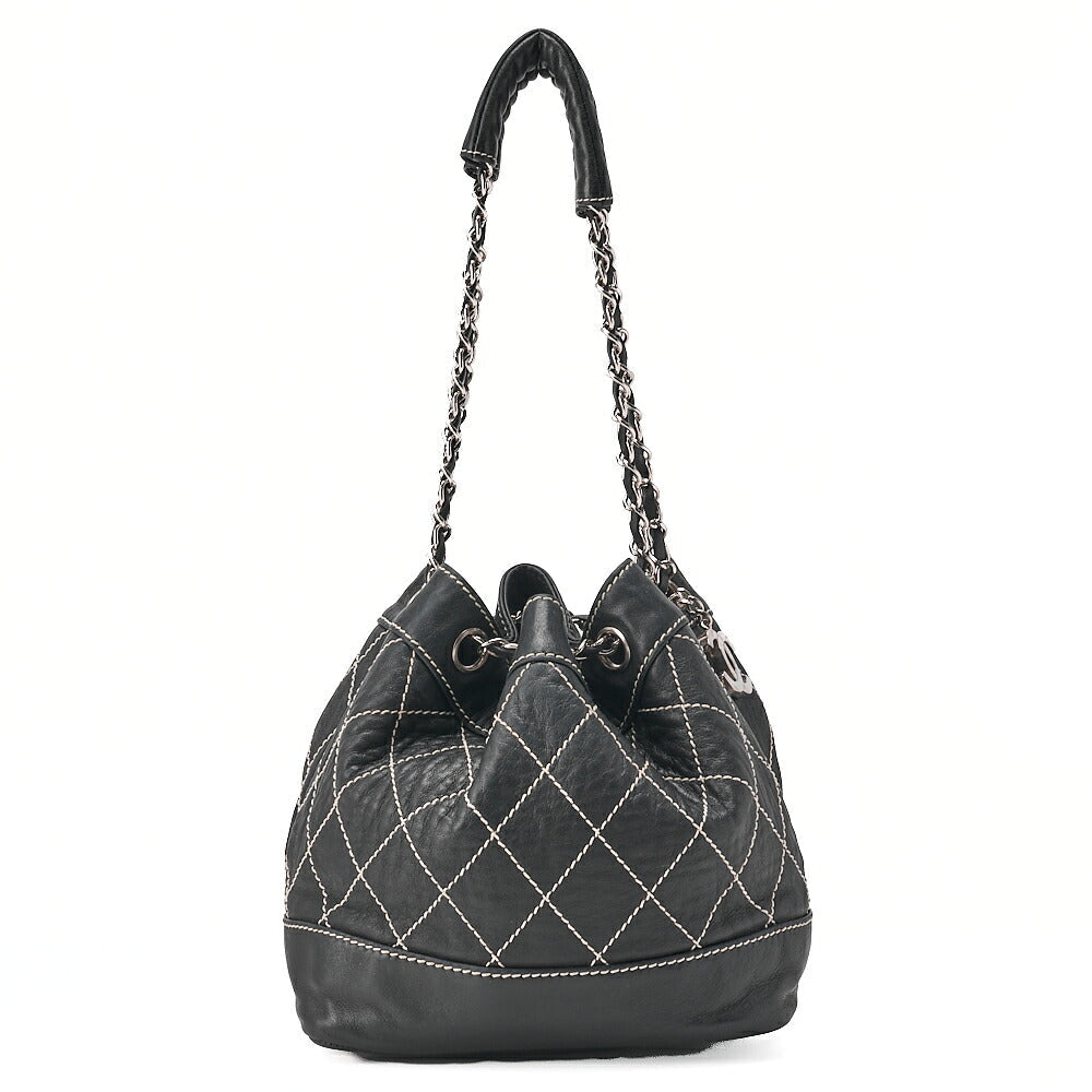 CHANEL Lambskin Wild Stitch Coco Charm Drawstring Chain Shoulder Black Silver-Tone Hardware, Pre-Owned