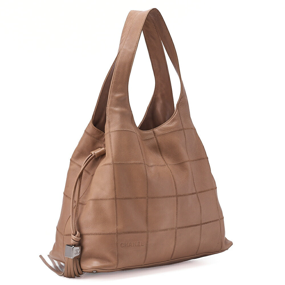 CHANEL Shoulder Bag Tote Bag Chocolate Bar Fringe Caviar Skin Beige Silver-Tone Hardware, Pre-Owned