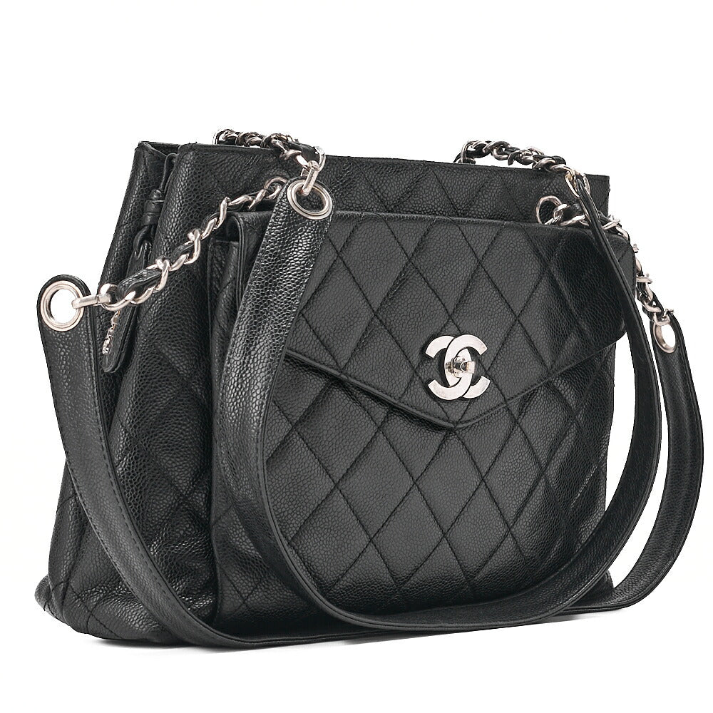 CHANEL Matelasse Outside Flap Shoulder Bag Caviar Skin Black (Silver Fittings) Women's Bag High Brand [Used] [Free Shipping]