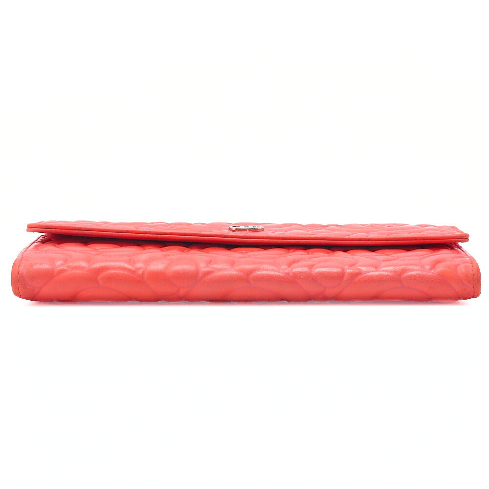 CHANEL Lambskin Camellia Coco Mark Bi-Fold Long Wallet Coral Pink Silver-Tone Hardware, Pre-Owned