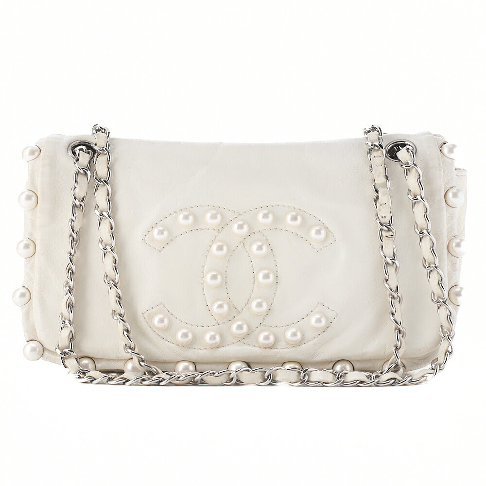CHANEL Chanel Leather Coco Mark Faux Pearl Single Full Flap Chain Shoulder White Silver-Tone Hardware, Pre-Owned