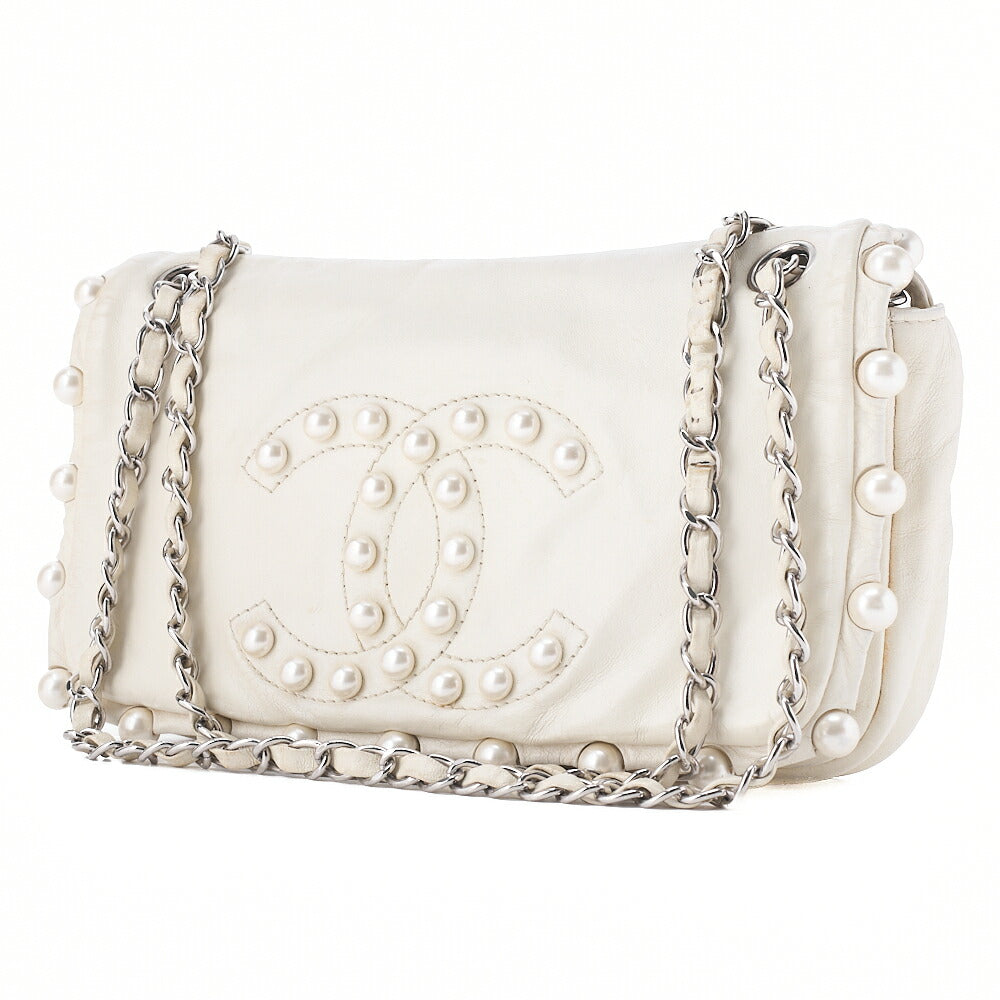 CHANEL Chanel Leather Coco Mark Faux Pearl Single Full Flap Chain Shoulder White Silver-Tone Hardware, Pre-Owned
