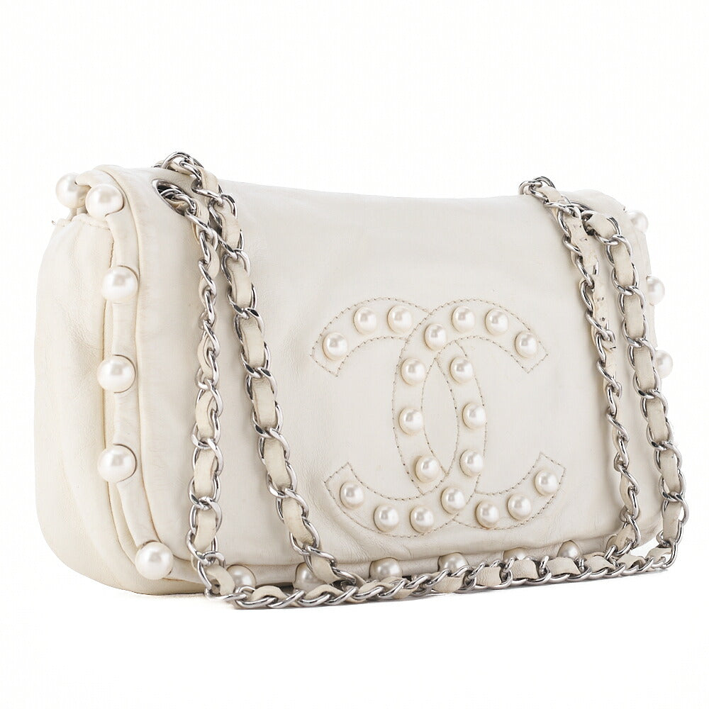 CHANEL Chanel Leather Coco Mark Faux Pearl Single Full Flap Chain Shoulder White Silver-Tone Hardware, Pre-Owned