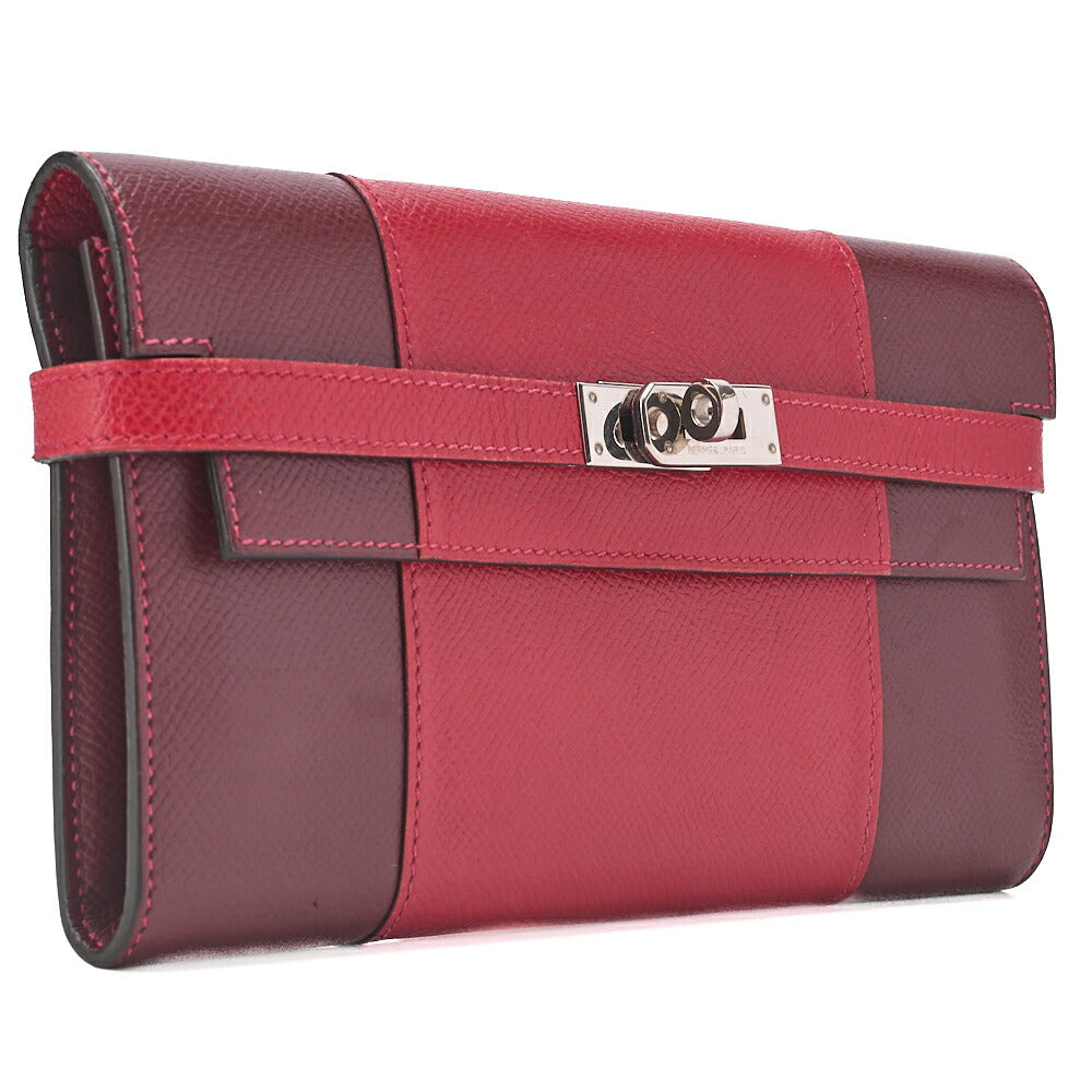 HERMES Kelly Wallet Epson 2-Fold Long Wallet Ethane x Rouge Silver-Tone Hardware, Pre-Owned