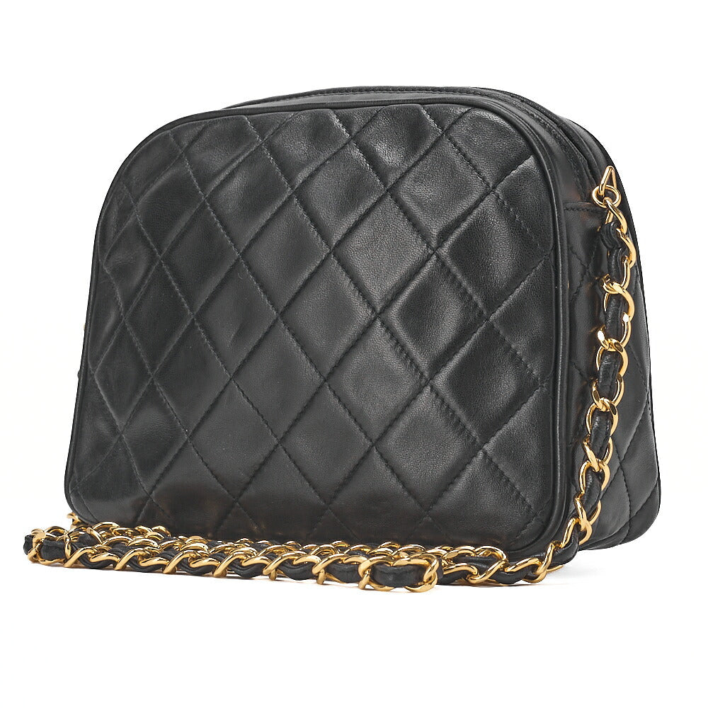 CHANEL Lambskin Matelasse Half Moon Logo Charm Chain Shoulder Black Gold-Tone Hardware, Pre-Owned