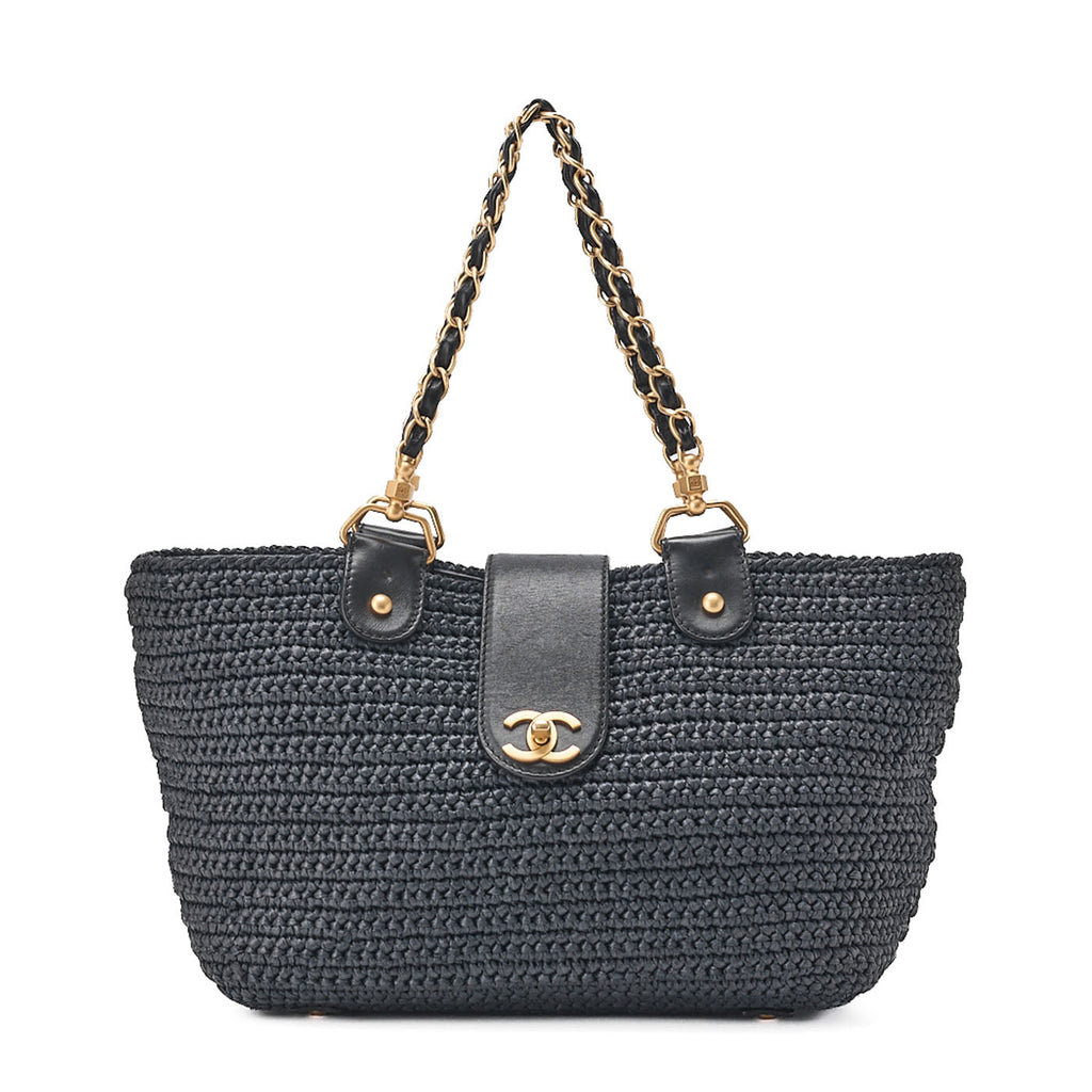 CHANEL Coco Mark Raffia x Leather Chain Tote Bag Turnlock Black Gold-Tone Hardware, Pre-Owned